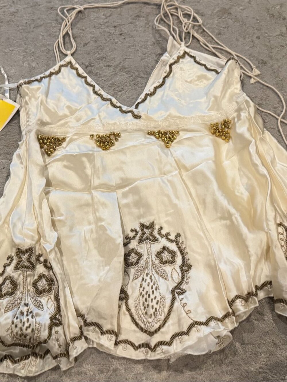 Sue Wong Silk Chiffon Y2K Handkerchief V Camisole Ivory Cream Gold Crochet Top 8 - Picture 9 of 16